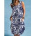 Plant Print Cotton Pocket Button Round Neck Sleeveless Midi Dress