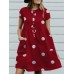 Polka Dot Button Pocket Short Sleeve Midi Dress