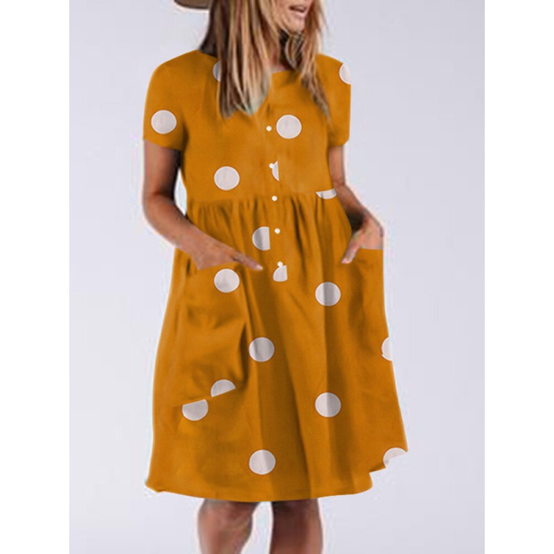 Polka Dot Button Pocket Short Sleeve Midi Dress