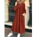 Solid Color Stand Collar Button Down Front Leisure Loose Maxi Dress with Side Pockets