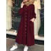 Solid Color Stand Collar Button Down Front Leisure Loose Maxi Dress with Side Pockets