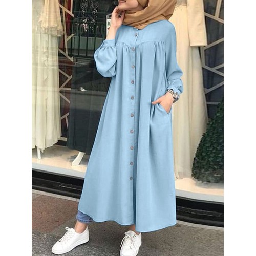 Solid Color Stand Collar Button Down Front Leisure Loose Maxi Dress with Side Pockets