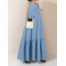 Solid Color V-neck Sleeveless Ruffles Hem Pleated Maxi Dress With Pocket