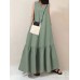 Solid Color V-neck Sleeveless Ruffles Hem Pleated Maxi Dress With Pocket