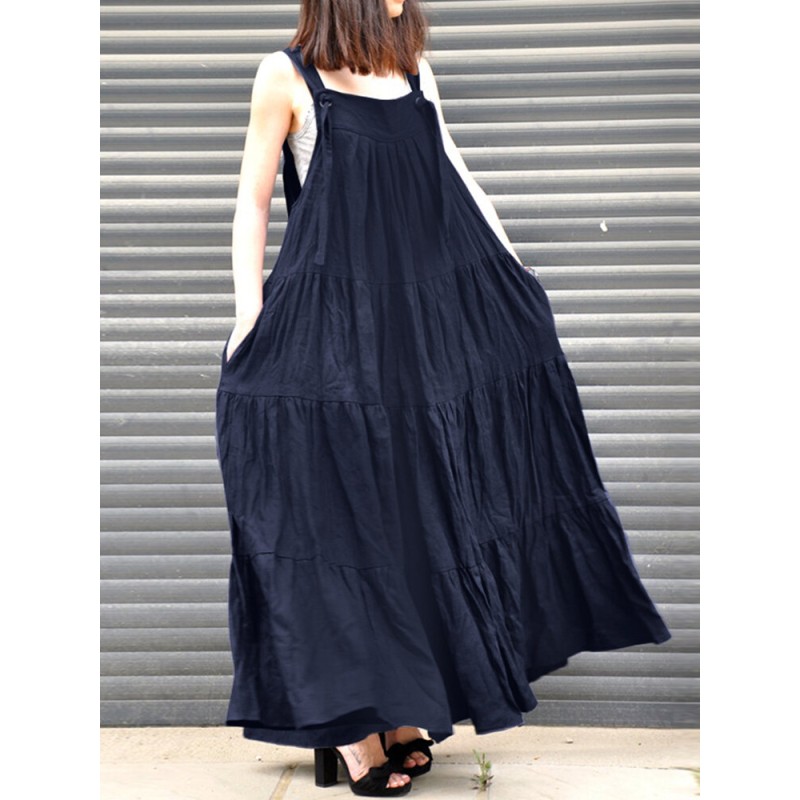 Solid Pleated Pocket Ruffle Knotted Casual Maxi Dress