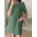 Solid Pocket Short Sleeve Casual Midi Dress