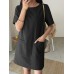 Solid Pocket Short Sleeve Casual Midi Dress