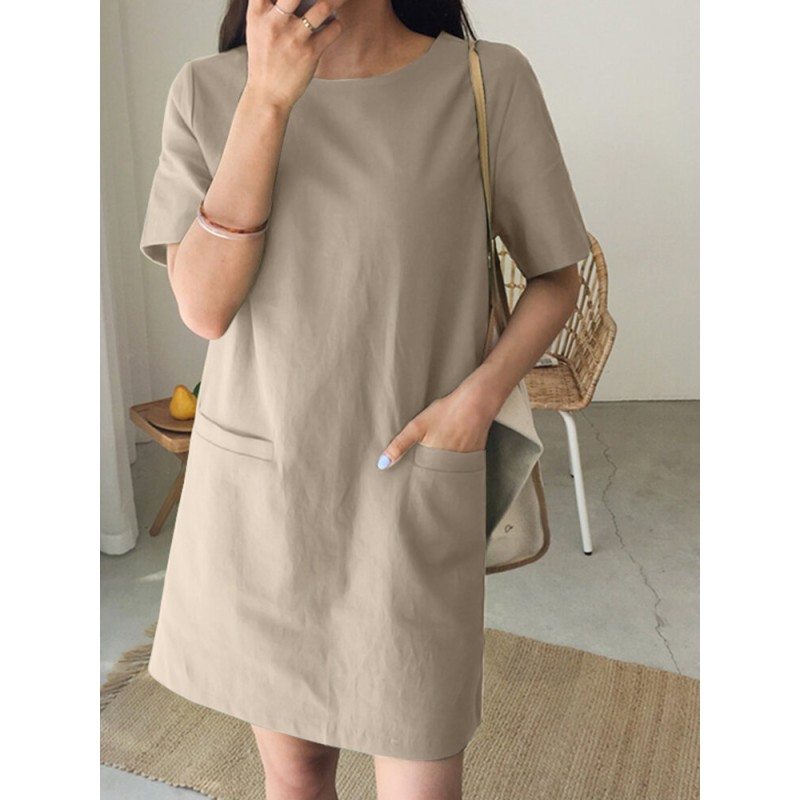 Solid Pocket Short Sleeve Casual Midi Dress