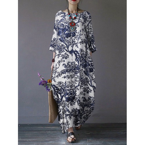 Tree Print Side Pockets O-neck 3/4 Sleeve Cotton Dress