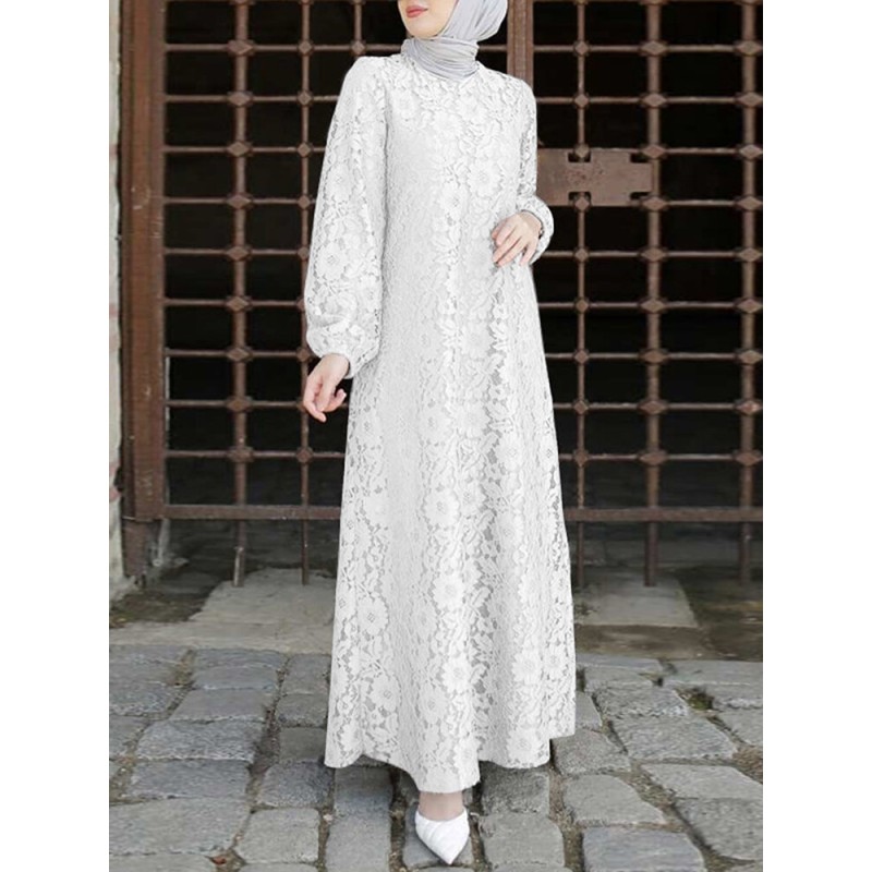 Women 100% Cotton Abaya Kaftan Lace Patchwork Casual Wedding Midi Dress