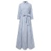 Women 100% Cotton Classical Striped Print Lapel Button Front Lace-Up Casual Shirt Dress