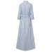 Women 100% Cotton Classical Striped Print Lapel Button Front Lace-Up Casual Shirt Dress