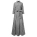 Women 100% Cotton Classical Striped Print Lapel Button Front Lace-Up Casual Shirt Dress