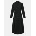 Women Basic Button Down Front Lapel Solid Color Long Sleeve Shirt Dress