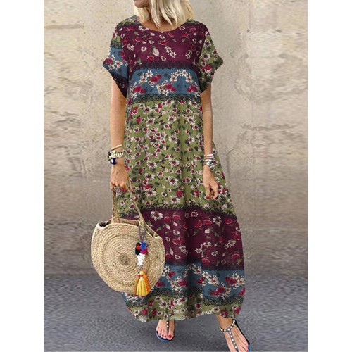 Women Casual Loose Cotton Floral Print Short Sleeve Dress