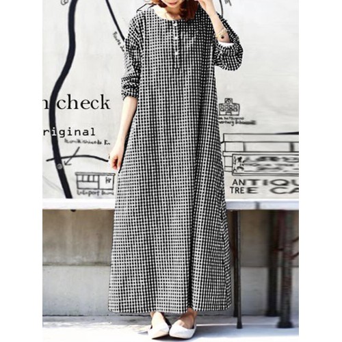 Women Casual Plaid Half Button Front Long Sleeve Maxi Dresses