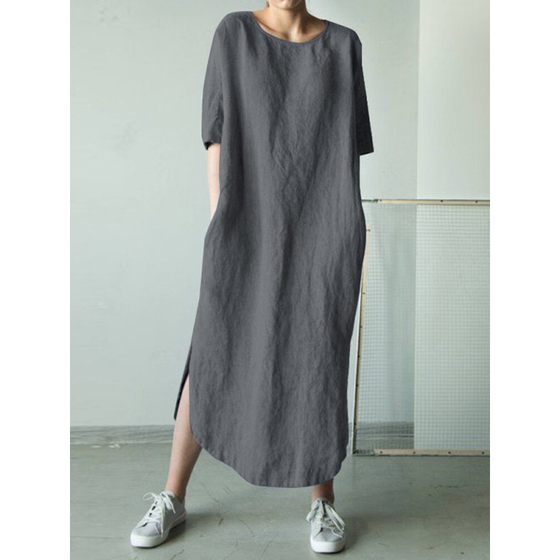 Women Cotton Solid Color Loose Half Sleeve Side Pockets Dress