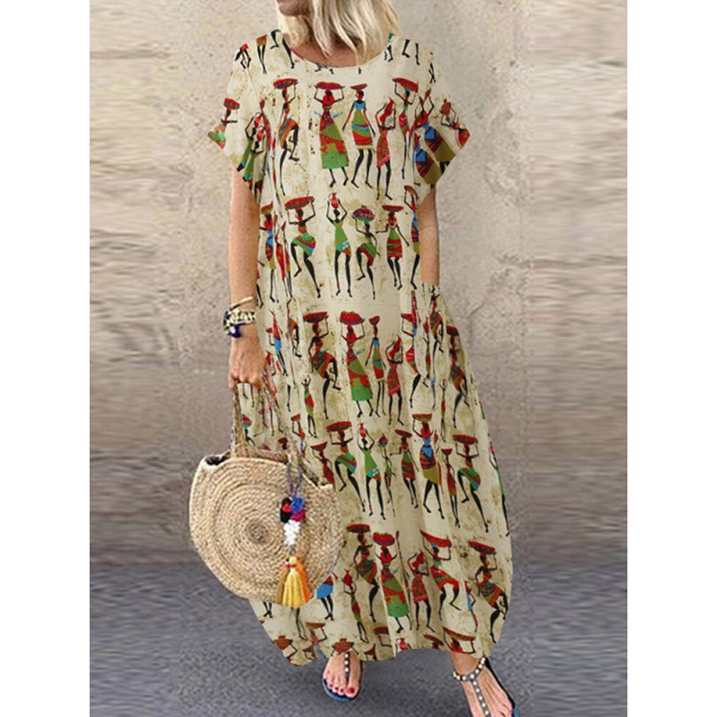 Women Ethnic Style Figure Print Round Neck Short Sleeve Loose Baggy Maxi Dresses