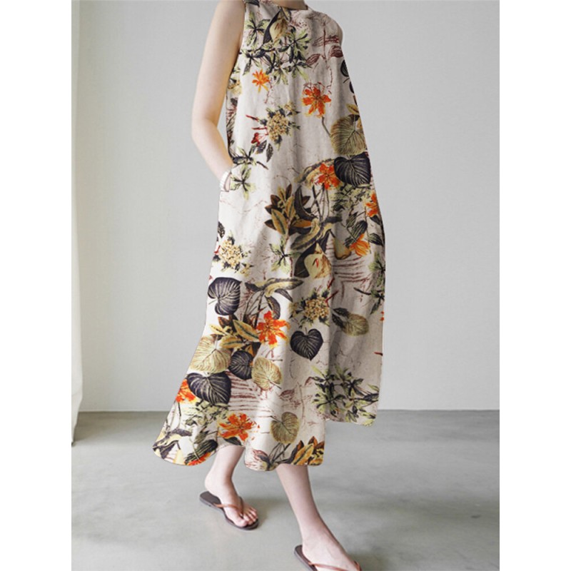 Women Plant Floral Print Sleeveless Loose Maxi Dress With Side Pocket