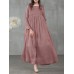 Women Square Neck Pleated Button Casual Maxi Vintage Dress With Side Pockets