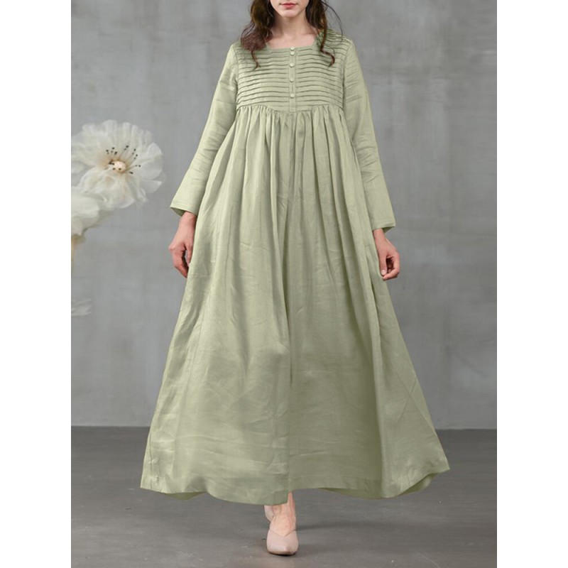 Women Square Neck Pleated Button Casual Maxi Vintage Dress With Side Pockets