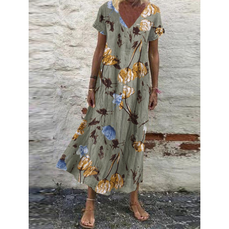 Women V-Neck Floral Printed Bohemian Leisure Casual Loose Dress