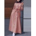 Women Vertical Stripe Lapel Kaftan Long Sleeve Shirt Maxi Dresses With Belt