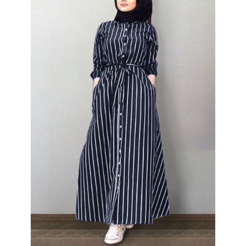 Women Vertical Stripe Lapel Kaftan Long Sleeve Shirt Maxi Dresses With Belt