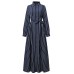 Women Vertical Stripe Lapel Kaftan Long Sleeve Shirt Maxi Dresses With Belt