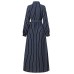 Women Vertical Stripe Lapel Kaftan Long Sleeve Shirt Maxi Dresses With Belt