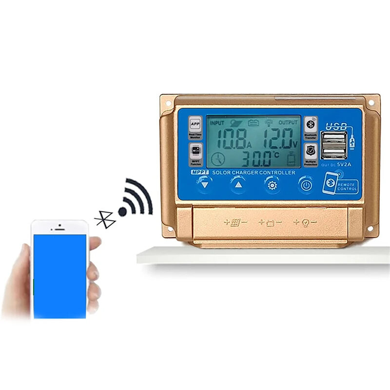 30/40/50A/60A Bluetooth Solar Panel Controller 2 USB Digital Display LCD Screen 12V/24V MPPT Solar Charge Controller