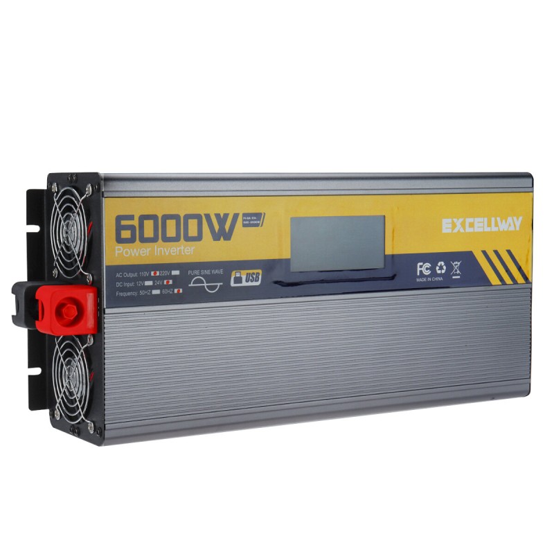 Excellway 1000W-6000W(Peak) Power Inverter 110V 60Hz DC 12V/24V Converter with LCD Display AC Outlets Dual USB Car Charger for Car Home Laptop Truck