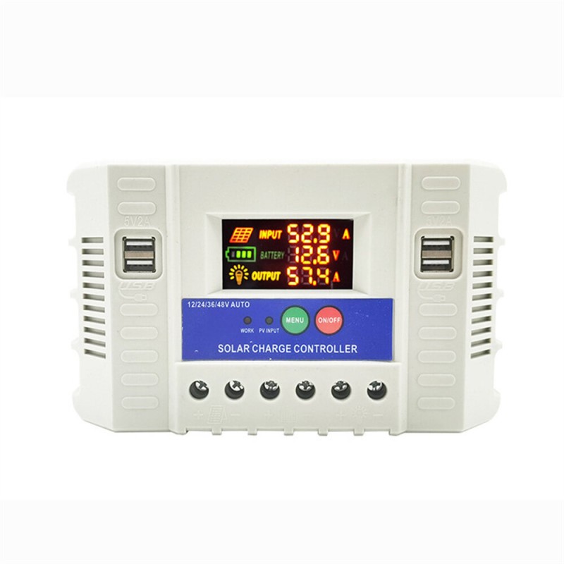 Solar Charge Controller with Versatile 10A/20A/30A Options Multi-color LED Display Built-in Protections Adjustable Voltages for 12V/24V Batteries and Four 5V2A USB Ports for Off-Grid Solar Systems