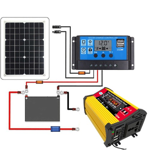 Solar Power Generation System Kit Dual USB 18W 18V Mono Solar Panel+ 4000W Power Inverter w/ Bluetooth Speakers and FM Radio+30A Solar Charge Controller Solar System Set
