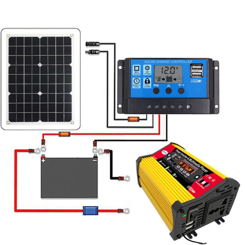 Solar Power Generation System Kit Dual USB 18W 18V Mono Solar Panel+ 4000W Power Inverter w/ Bluetooth Speakers and FM Radio+30A Solar Charge Controller Solar System Set