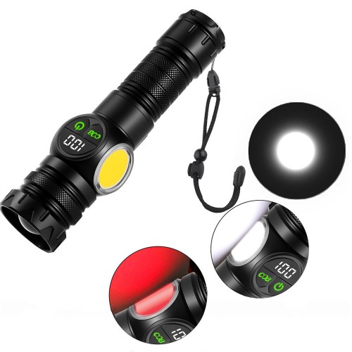 800LM LED COB LCD Screen Digital Display 18650 Flashlight with Battery USB Rechargeable Zoomable Strong Light LED Torch Tail Magnet Cob Side Light Outdoor Camping Lamp