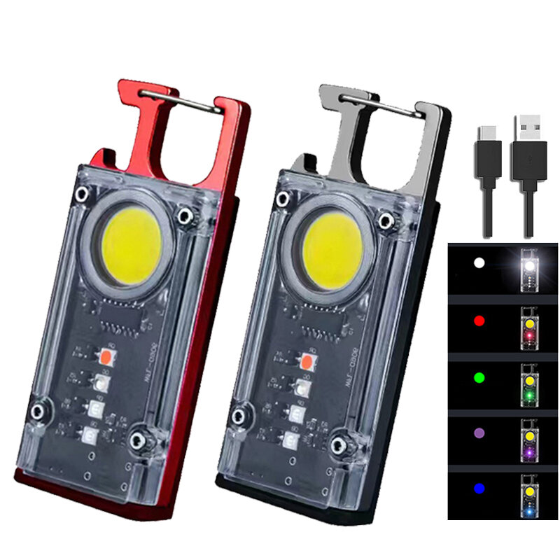 Magnetic COB LED Work Light Portable Keychain Flashlight UV Light Red/Blue Warning Green Light Keychain Light Mini Torch Light
