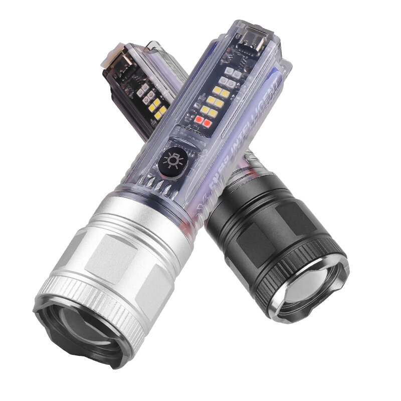 Solar Portable Torch Keychain Telescopic Zoom 30W/XHP50 LED Strong Light 18650 Type-C Flashlight Multi Light Source Outdoor Portable Emergency Lighting 7 Modes