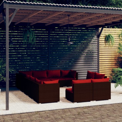 12-piece Lounge set with cushions poly rattan brown