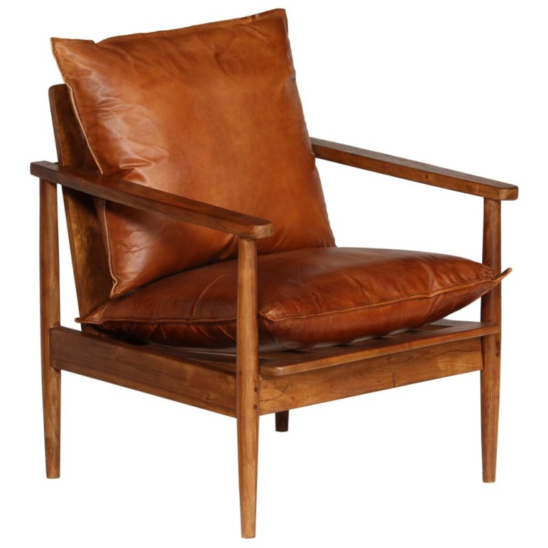 Armchair Brown Real Leather with Acacia Wood