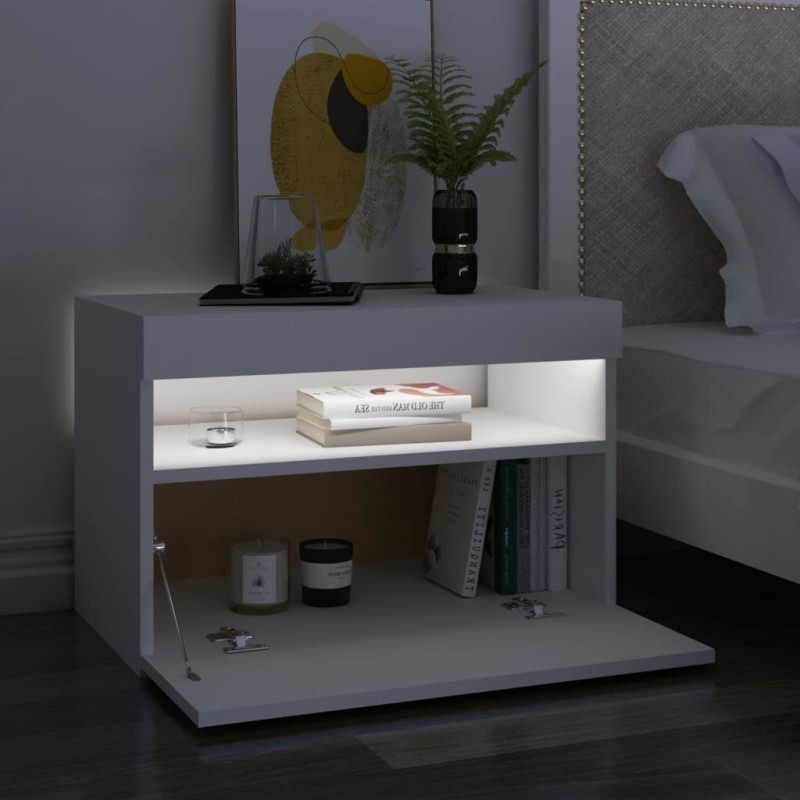 Bedside Cabinet & LED Lights White 24"x14"x16" Chipboard