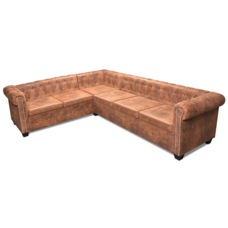 Chesterfield corner sofa 6-seater artificial leather brown