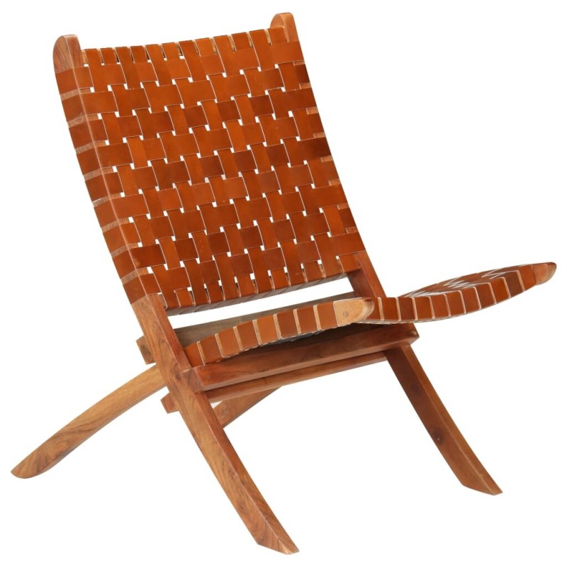 Folding chair crossed stripes real leather brown