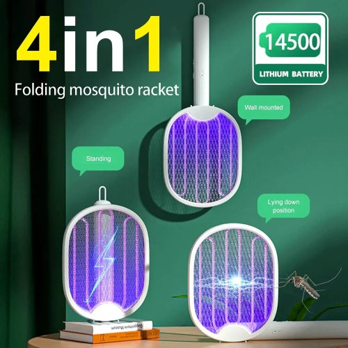 4 in 1Foldable Electric Mosquito Swatter with Portable UV Light Trap 5W Power and Dual Safety Switch Features USB Rechargeable Pest Control for Home and Outdoor Use