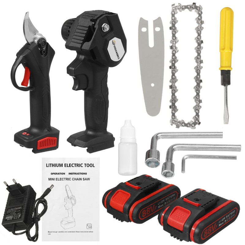 88VF 2IN1 Cordless Electric Chain Saw Pruning Shears Secateur Branch Cutter Scissor Woodworking Tool W/ 2pcs Battery
