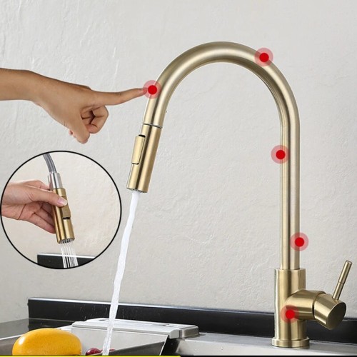 Brushed Gold Pull Out Touch Sensor Kitchen Faucet 360 Rotation Smart Kitchen Faucet Sensor Tap Faucet Single Handle Mixer Tap