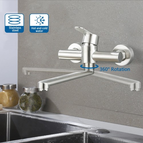 Kitchen 360 Rotate Faucets Stainless Steel Hot and Cold Water Wall Mounted Dual Hole Bathroom Basin Faucet Cold Hot Water Sink Crane Mixer Taps