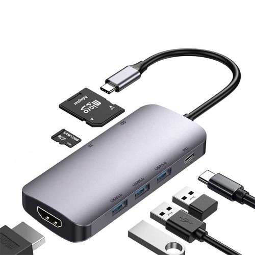 Pobod 7-in-1 Type-C Docking Sation USB-C Hub Splitter Adaptor with USB3.0*3 PD100W USB-C 4K@30Hz HDMI SD/TF Card Reader Slot Multiport Hub for Phone TV Tablet Laptop