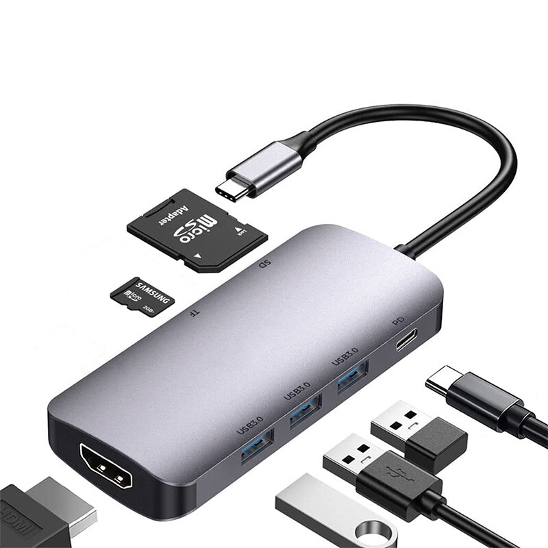 Pobod 7-in-1 Type-C Docking Sation USB-C Hub Splitter Adaptor with USB3.0*3 PD100W USB-C 4K@30Hz HDMI SD/TF Card Reader Slot Multiport Hub for Phone TV Tablet Laptop