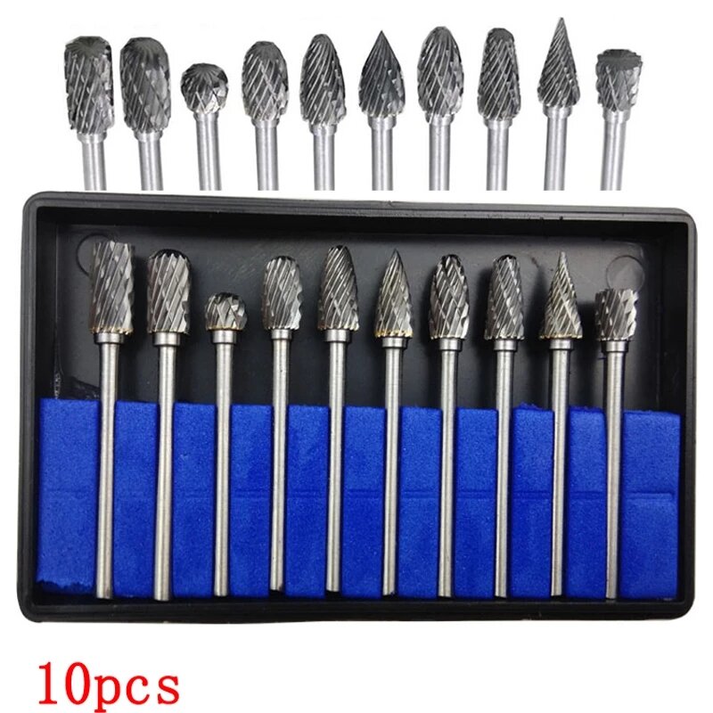 10Pcs 1/8" Shank Tungsten Carbide Milling Cutter Rotary brocas com escareador hss steel cone drill set diamond drill 10mm